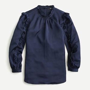 J Crew Ruffle-sleeve top in satin crepe-Navy